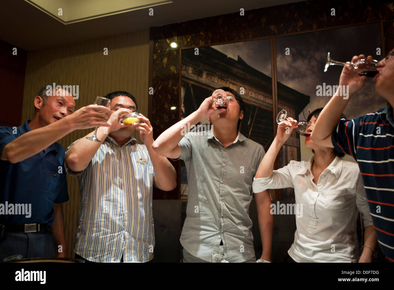 Chinesen trinken "Bottoms up." Stockfoto
