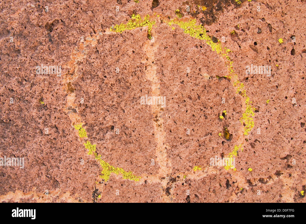 kreisförmige indianische Petroglyphen oder Felsen mit grünen Flechten Stockfoto