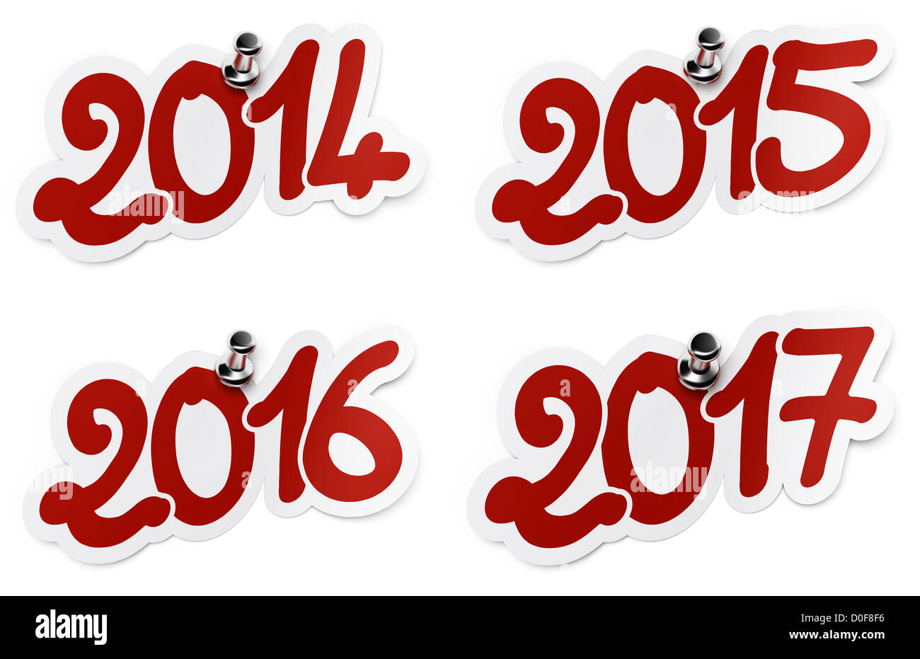 2014, 2015, 2016, 2017 zwei tausend vierzehn, zwei tausend fünfzehn, zwei tausend sechzehn, siebzehn zwei tausend roten Aufkleber Fix Stockfoto