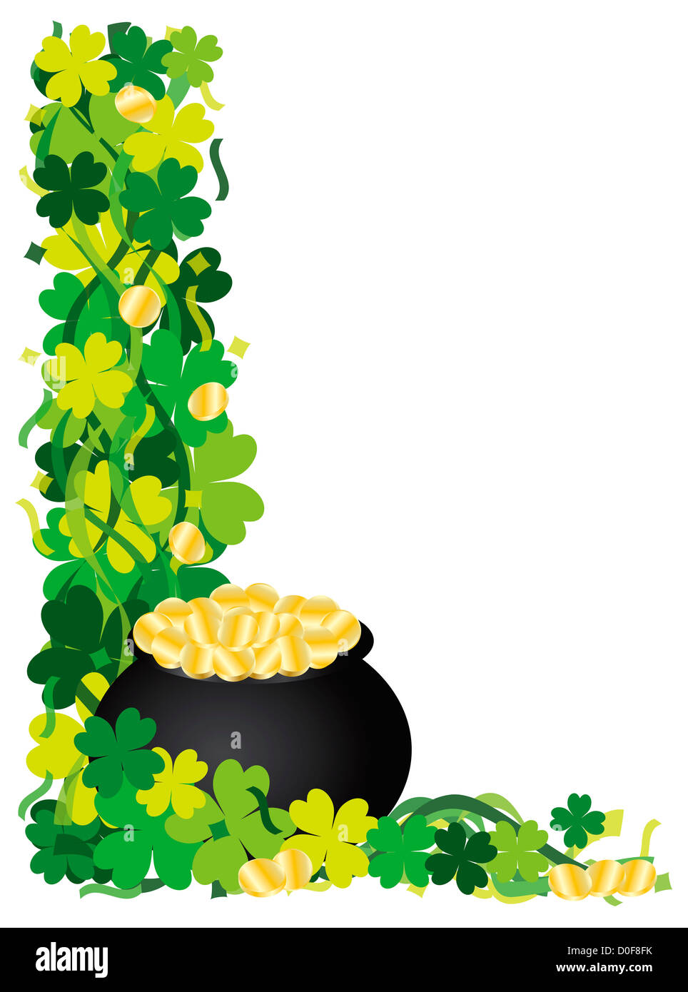 St Patricks Day Irische Gluck Vier Kleeblatt Mit Topf Mit Gold Und Konfetti Grenze Illustration Stockfotografie Alamy