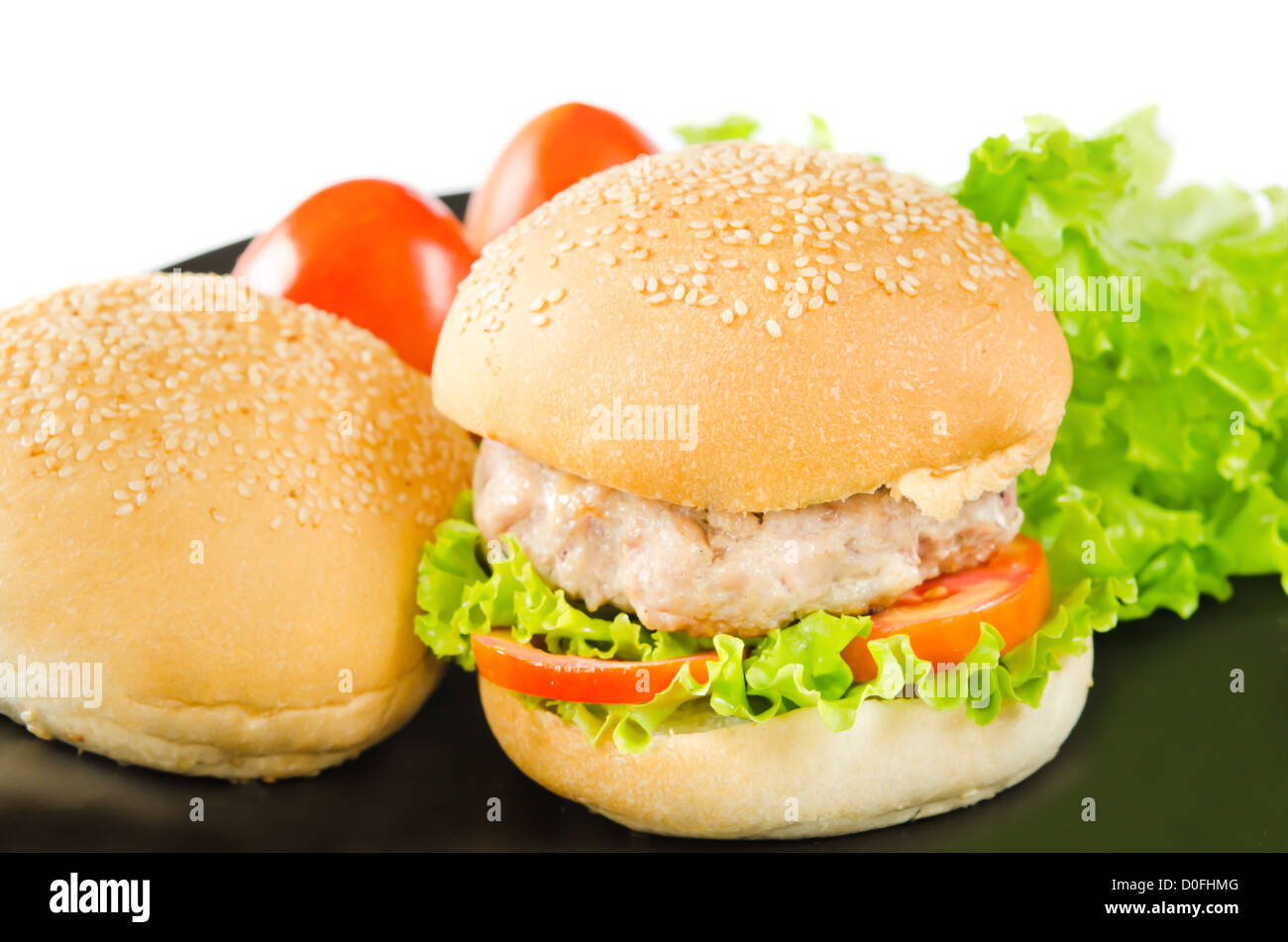 Hamburger mit Schweinefleisch und frischem Gemüse Stockfoto