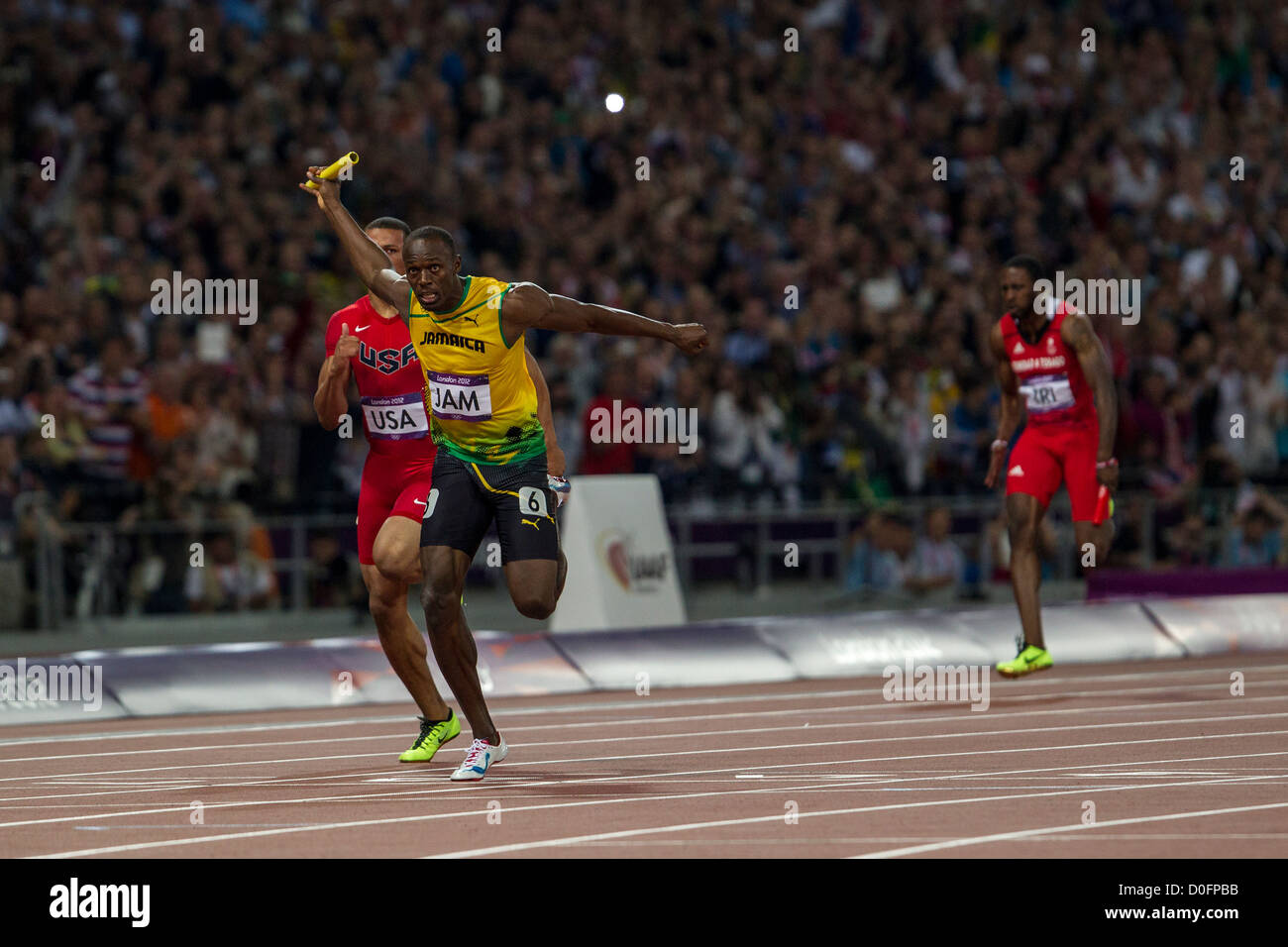 Usain Bolt gewann die Goldmedaille für Jamaika in der 4X100m-Staffel bei den Olympischen Sommerspielen 2012 in London Stockfoto