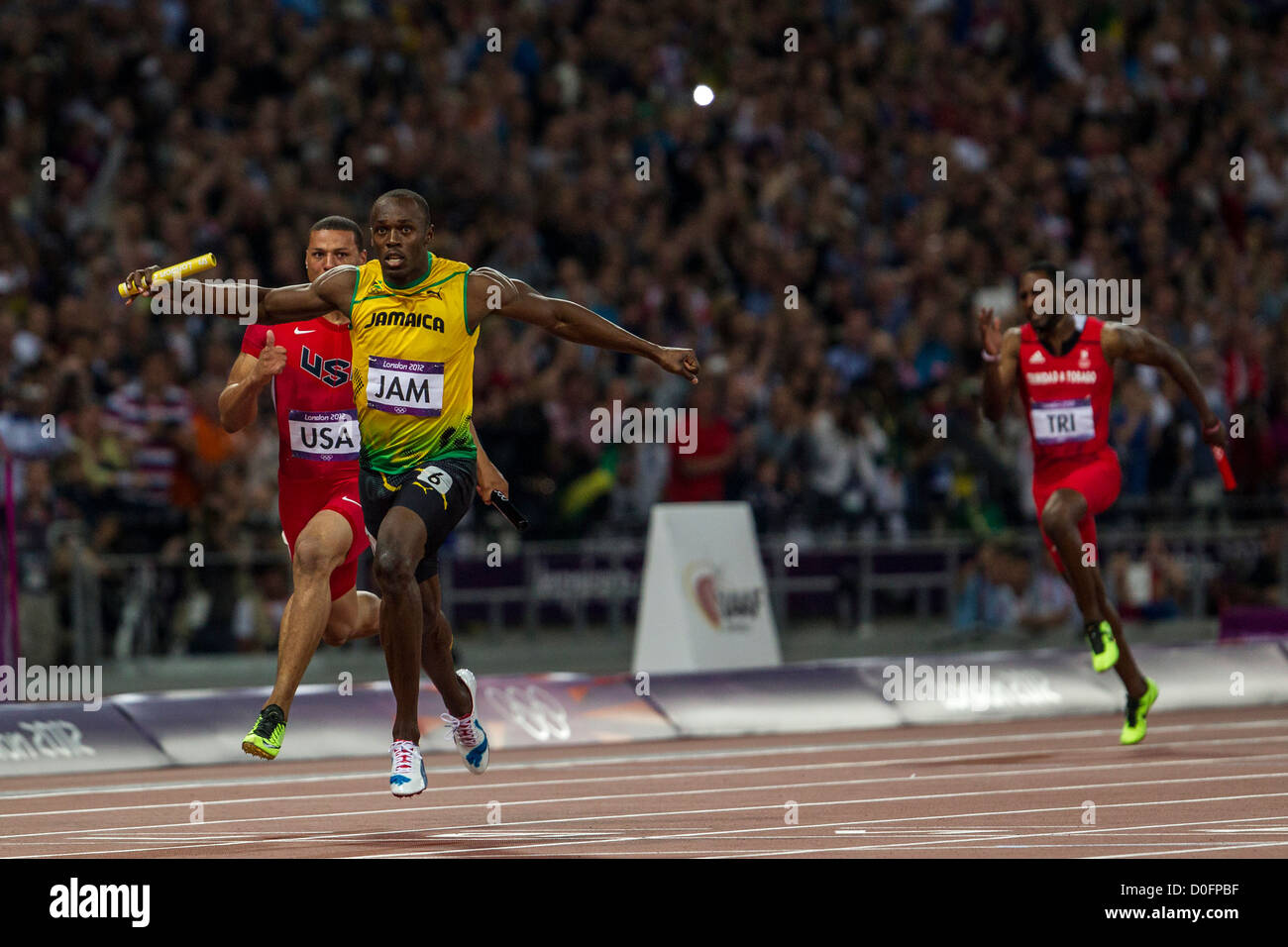 Usain Bolt gewann die Goldmedaille für Jamaika in der 4X100m-Staffel bei den Olympischen Sommerspielen 2012 in London Stockfoto