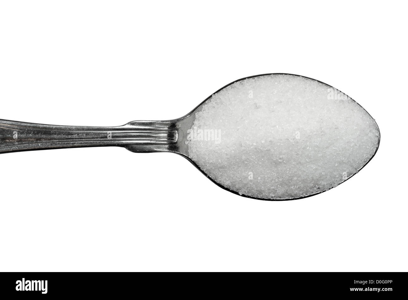 Teelöffel Zucker isoliert auf weißem Hintergrund von oben gesehen. Stockfoto