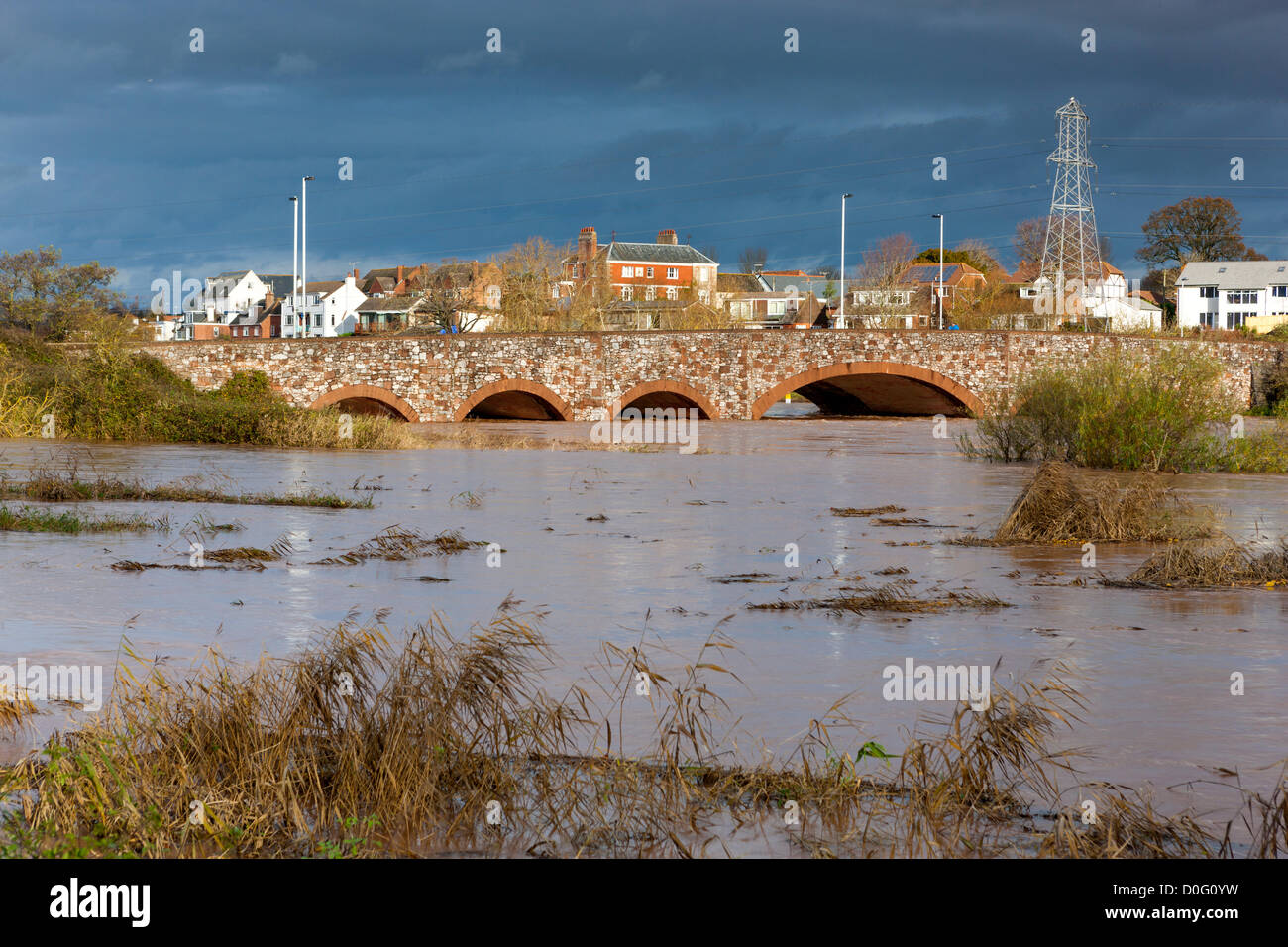 Exeter, UK. 25. November 2012. Schlammigen Fluten des Flusses Exe nach Starkregen in Devon letzte Nacht unter der Gräfin Verschleiß Brücke in Exe-Tal im Süden Exeter fließt. Stockfoto