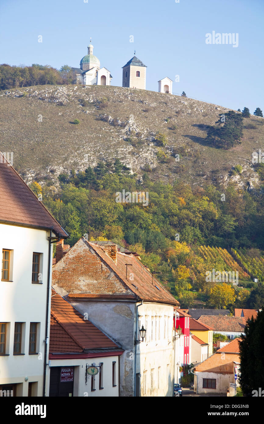 Ansicht von Mikulov, Heiligenberg, Svaty Kopec, Süd-Mähren, Tschechische Republik Stockfoto