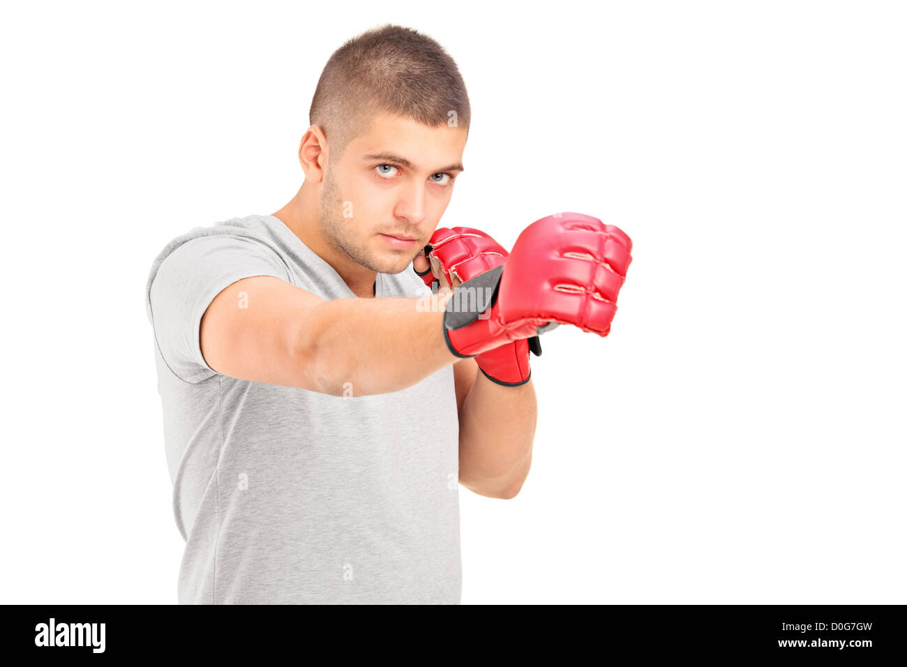 Ein Boxer in Aktion isoliert auf weißem Hintergrund Stockfoto