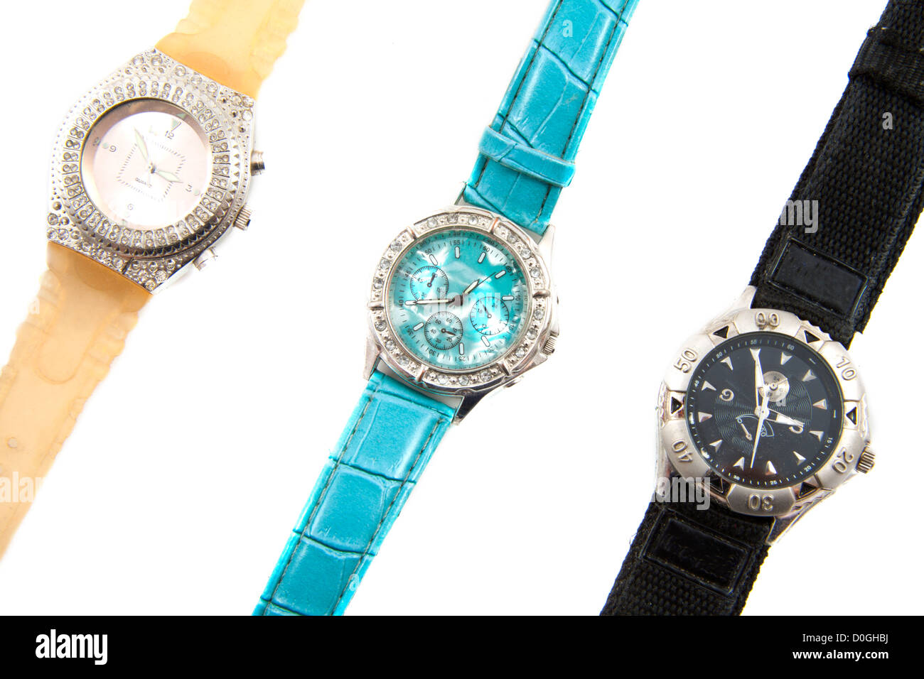 Drei Luxus-Uhren auf einem weißen Hintergrund isoliert Stockfoto