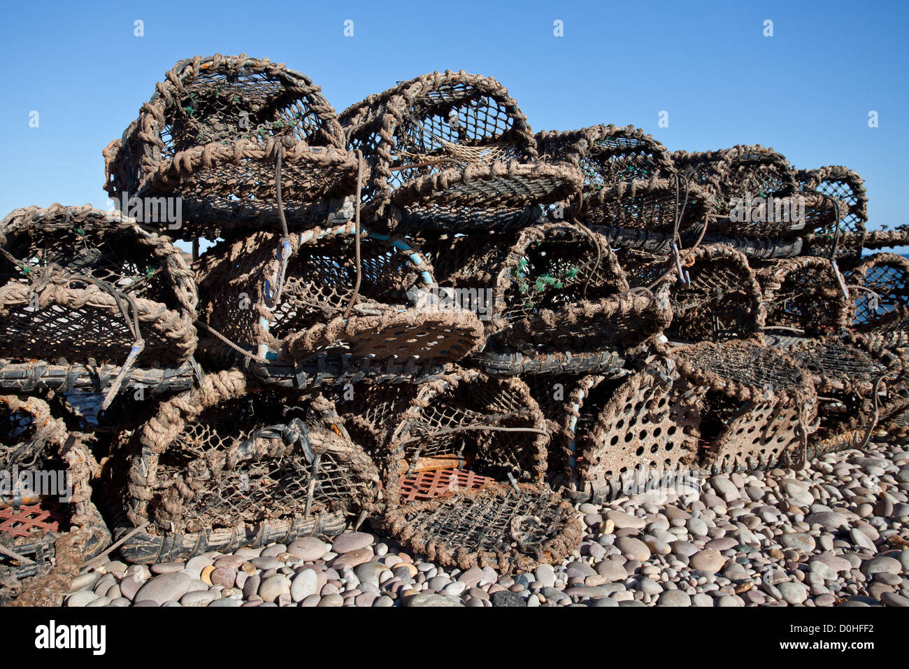 Budleigh Salterton, UK: Hummer Töpfen auf der Uferlinie des Budleigh Salterton Strand, UK. Stockfoto