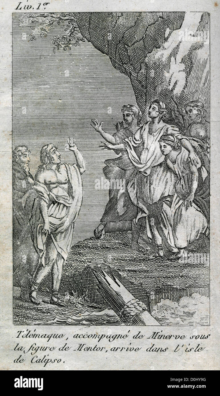Francois fenelon (1651-1715). Die Abenteuer von telemachus, 1699. telemachos mit Minerva kommt auf die Insel der Calypso. Stockfoto