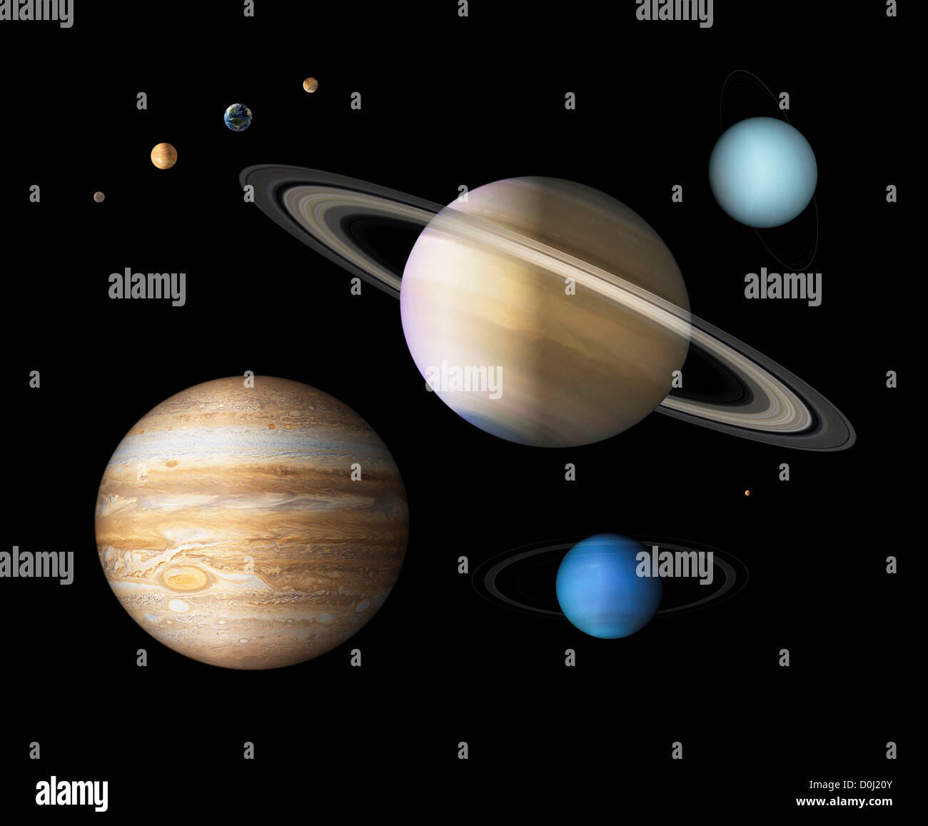Digitale Illustration der neun Planeten unseres Sonnensystems Stockfoto