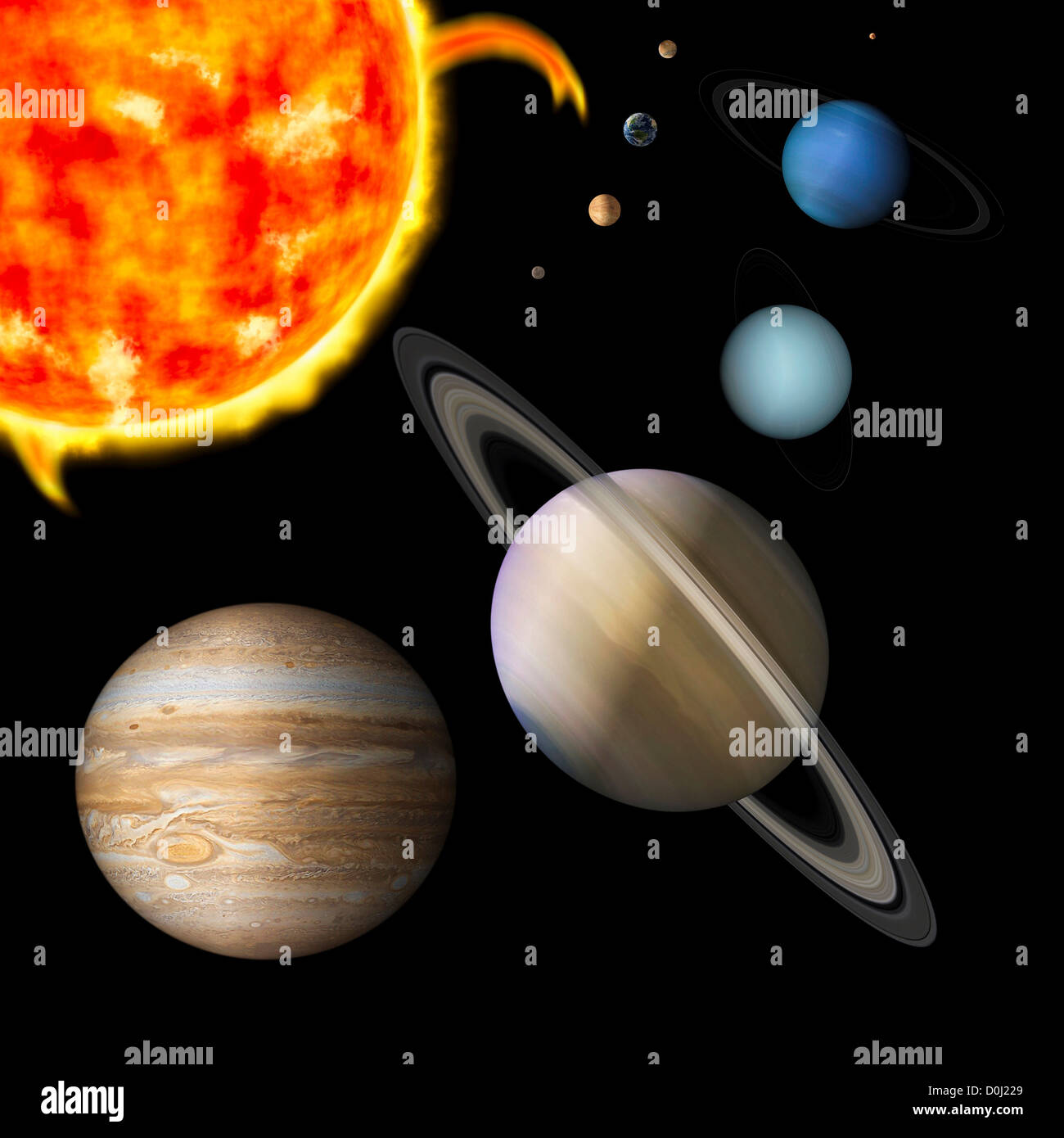 Digitale Illustration der Sonne und neun Planeten unseres Sonnensystems Stockfoto