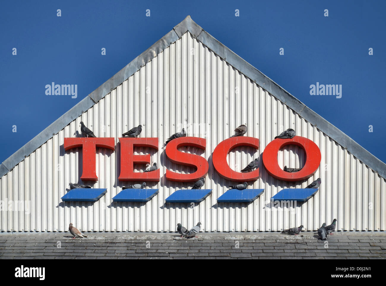 Tauben in der Sonne auf dem Dach eines Tesco Stores Schlafplatz. Stockfoto