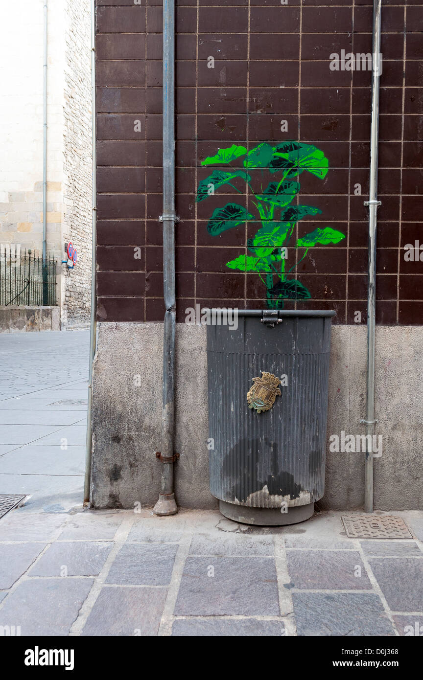 Pflanze, die von einem Lagerplatz-street-Art in der Altstadt von Vitoria-Gasteiz im Baskenland Stockfoto