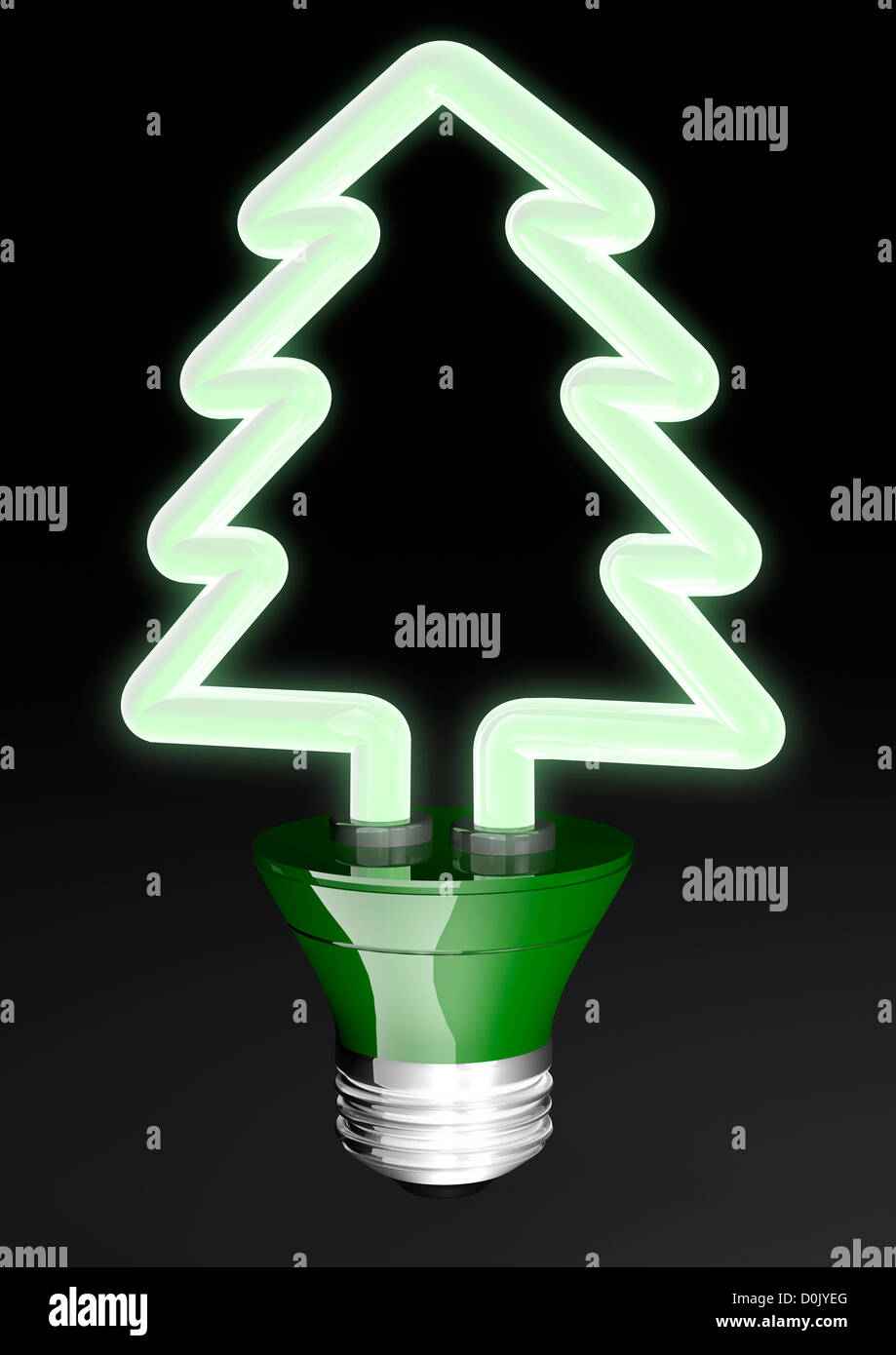 Leuchtende ENERGIESPARLAMPE in Form eines Weihnachtsbaums - Konzept Stockfoto
