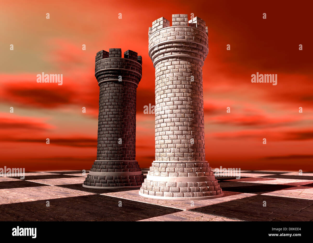 Eine schwarze und eine weiße Burg Schachfigur aus Backstein und Mörtel gegen einander auf einem Schachbrett gegen rote bewölktem Himmel gemacht Stockfoto
