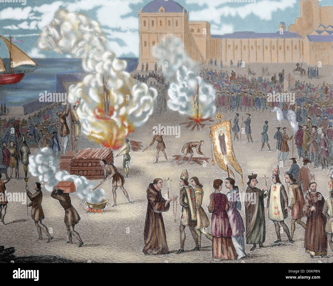 Inquisition. Gefangenen nach Auto de Fe zur Verurteilung. Farbige Gravur. des 19. Jahrhunderts. Spanien. Stockfoto Inquisition. Gefangenen nach Auto de Fe zur Verurteilung. Farbige Gravur. des 19. Jahrhunderts. Spanien. Stockfoto