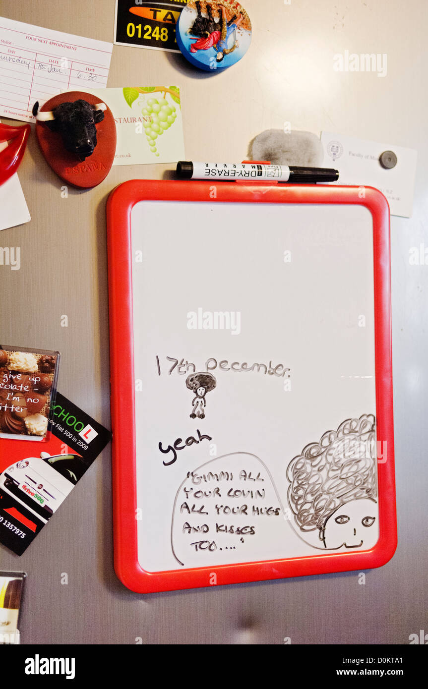 Eine Kühlschranktür mit Magneten und ein Diskussionsforum. Stockfoto