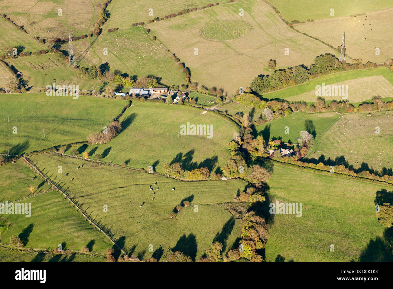 Ein Luftbild der alten Feld Muster einer verlassenen mittelalterlichen Dorf auf der Cotswolds bei Cockbury Butts, in der Nähe von Winchcombe, Gloucestershire, VEREINIGTES KÖNIGREICH Stockfoto