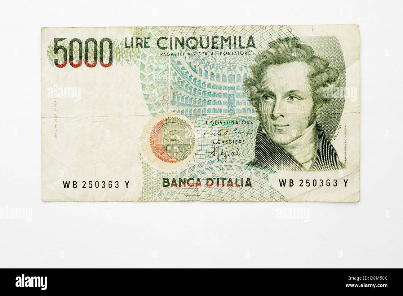 5000 Lire italienische Lira Banknote fünftausend fünftausend Geld Italien Stockfoto