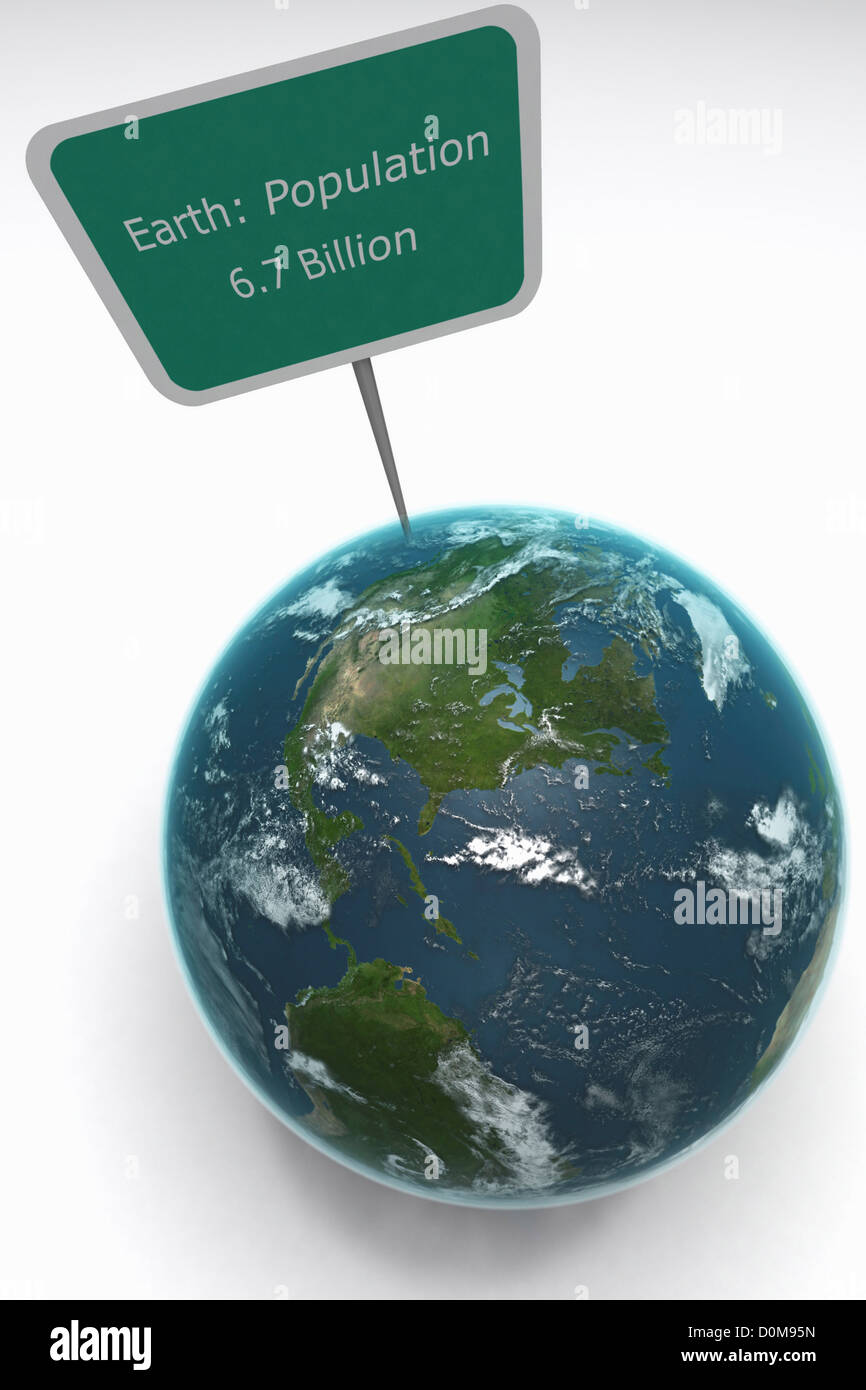 Die Erde mit einem Schild Detaillierung der Erdbevölkerung. Stockfoto