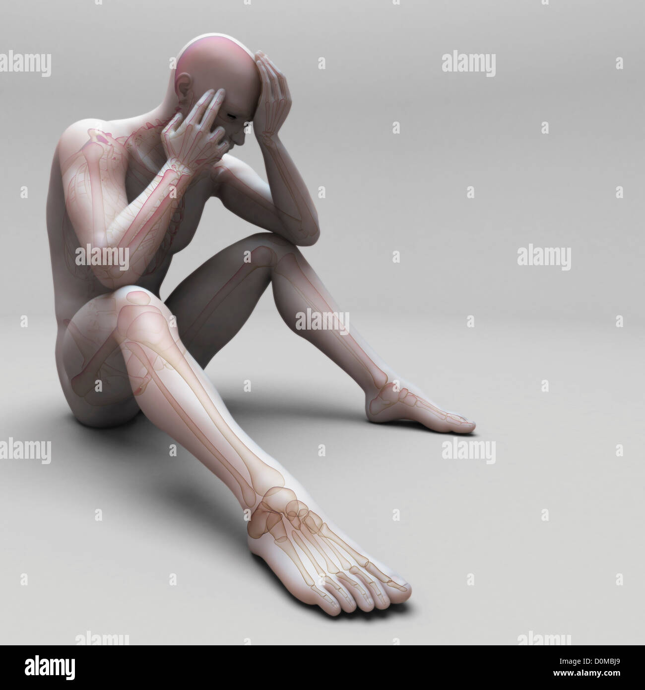 Anatomisches Modell zeigt die skelettartige Ausrichtung des menschlichen gebogen über und sitzen in Position vermitteln einen depressiven Zustand. Stockfoto