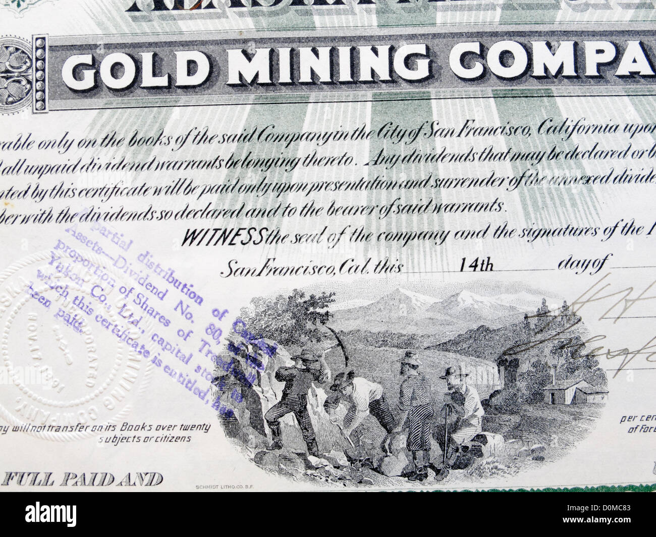 Nahaufnahme Detail ein Aktienzertifikat der Alaska Mexican Gold Mining Company Stockfoto