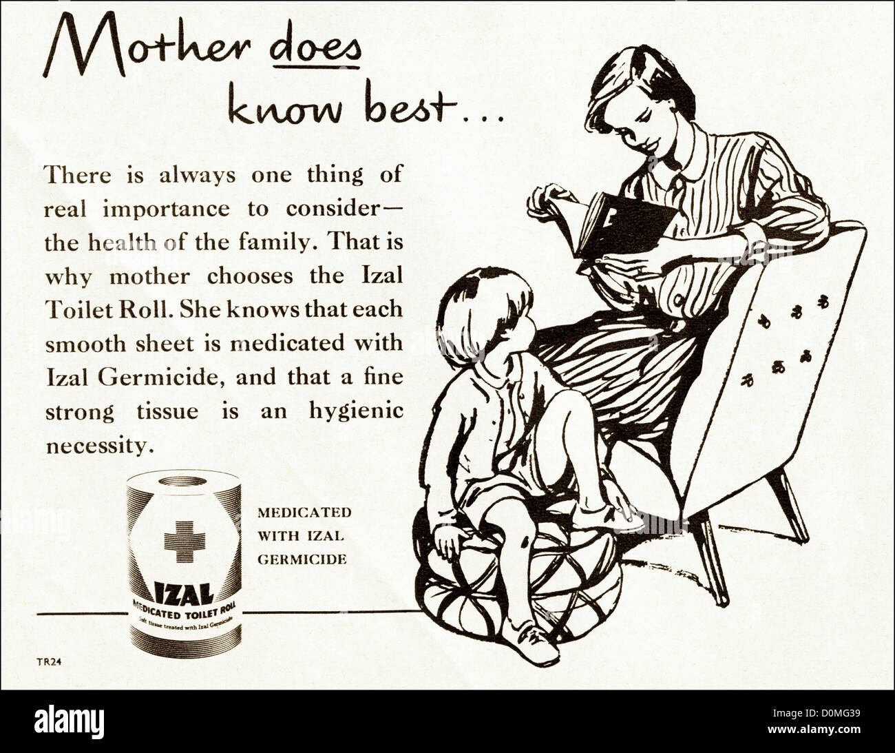 Original 1950er Jahre Vintage Printwerbung aus englischen Magazin Werbung Izal Arzneimittel WC-Papier, ca. 1955 Stockfoto
