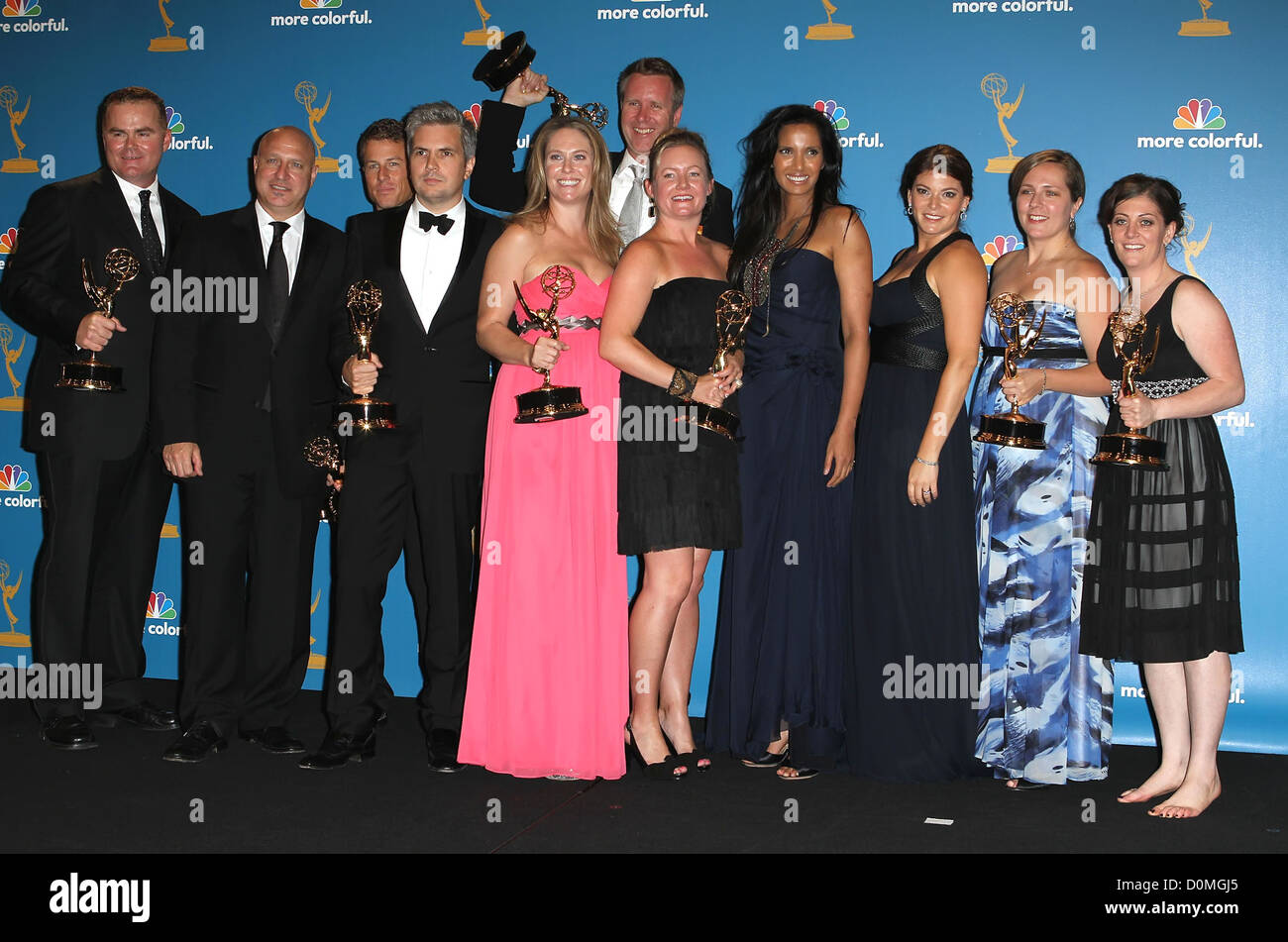 Padma Lakshmi, Tom Colicchio, und Gail Simmons und Crew 62. Primetime Emmy Awards (The Emmys) im Nokia Theatre - statt Stockfoto