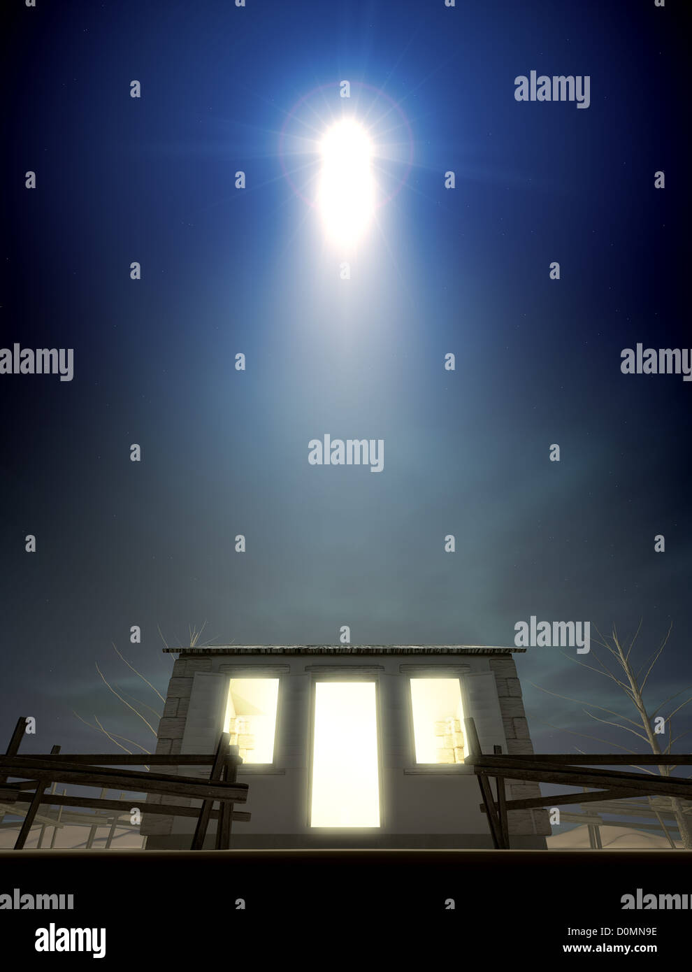 Eine Darstellung der Krippe von Christs Geburt in Bethlehem mit der isolierten heruntergekommen Stall wird von einem hellen Stern beleuchtet Stockfoto