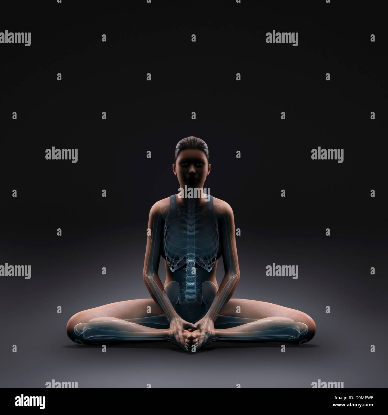 Skelett über einen weiblichen Körper in der gebundenen Winkel Pose Skelett Aktivität in dieser bestimmten Yoga-Haltung zeigen geschichtet. Stockfoto