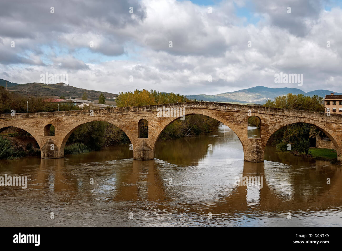 Romanischen Brücke über den Fluss Arga, in Puente la Reina, Dorf von Navarra, Spanien, Europa Stockfoto