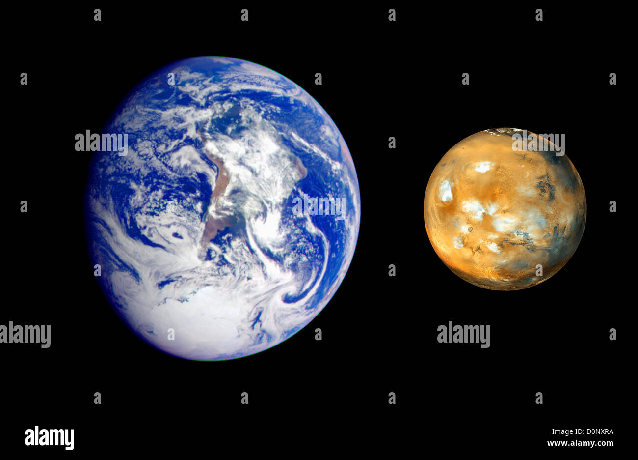 Foto Abbildung Vergleich der Größen von Erde und Mars von Galileo und Mars Global Surveyor Stockfoto