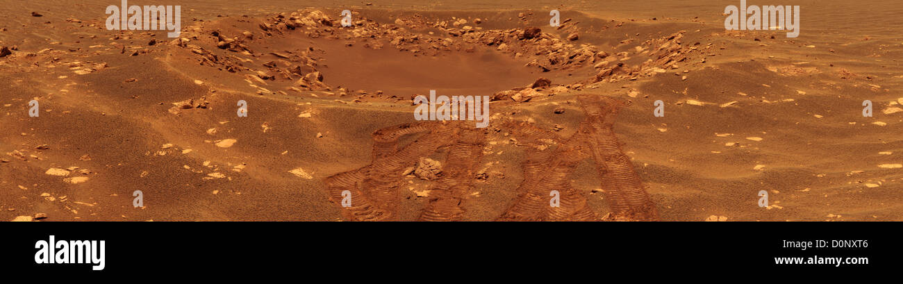 Panorama von Fram Krater und Rover-Tracks, Mars, gesehen vom Rover Opportunity Stockfoto