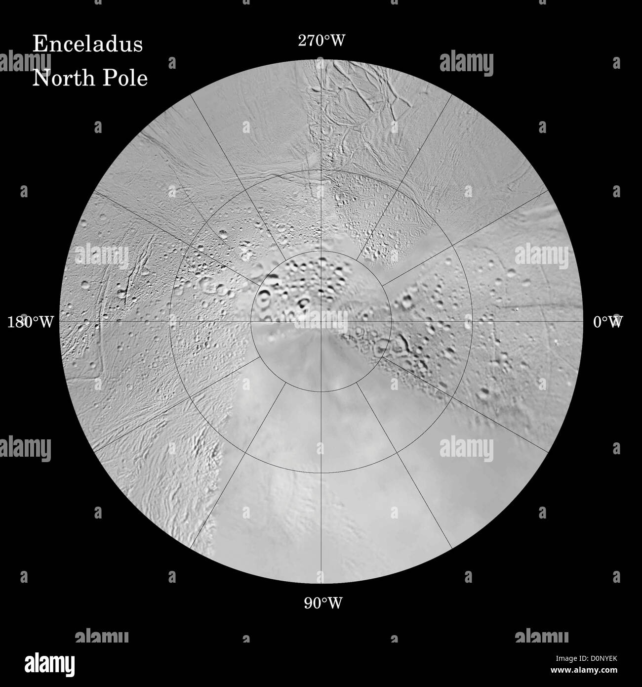 Karte des Nordpols von Enceladus Stockfoto