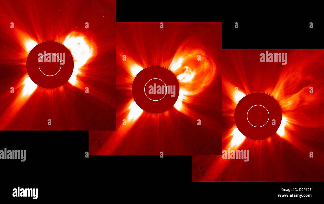 Diese drei Bilder Solar Heliospheric Observatory (SOHO) Satelliten genommen über zwei Stunden LASCO (große Winkel spektrometrische Stockfoto