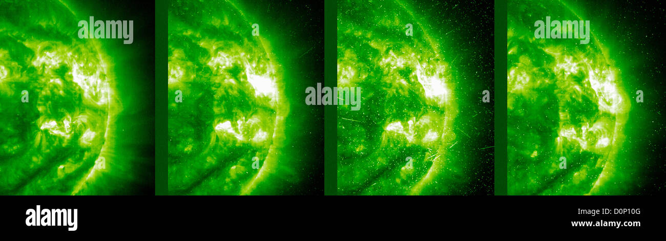 Am 26. Dezember 2001 gestrahlt Sonneneruption aktive Region 9727. Es wurde im extremen Ultraviolett als Bereich starke Aufhellung beobachtet. Stockfoto