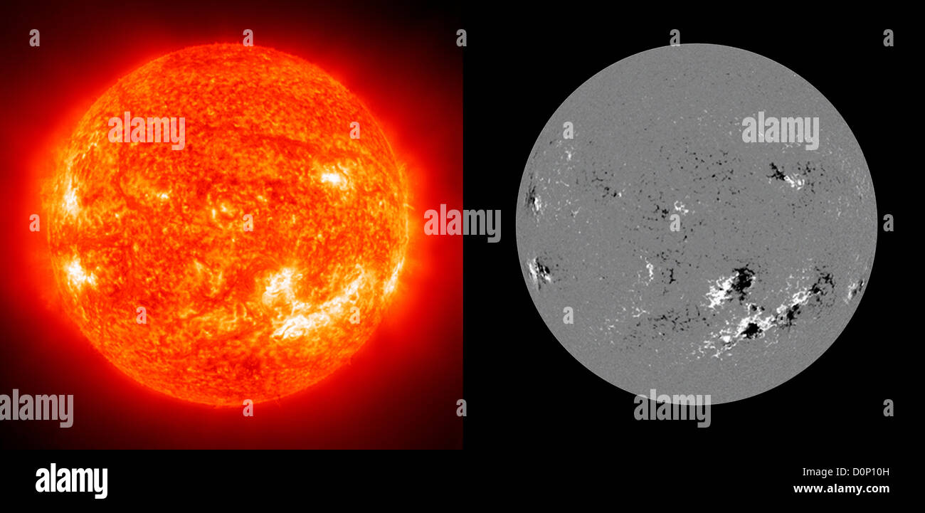 Die Sonne im ultravioletten Licht (links), die Regionen aktive (hellsten weiß) zeigt gegenüber magnetischen Bild am selben Tag (rechts) Stockfoto