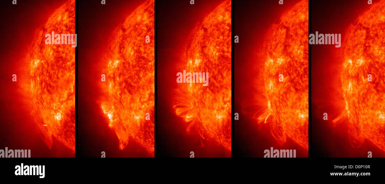 Schlaufen heißes Plasma in dieser mehrere Bild-Show, wo mächtige koronalen Massenauswurf (CME) Sonne Solar Physiker hinterlassen hat, glauben Stockfoto