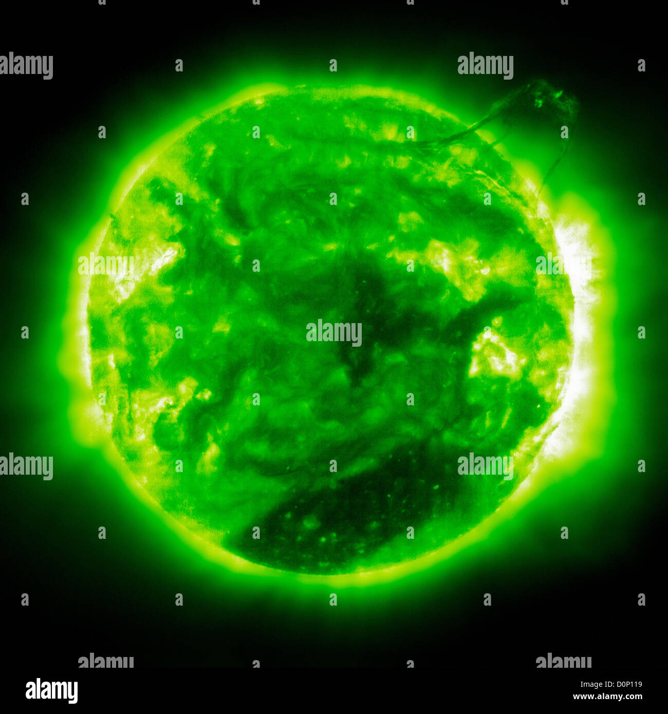 Diese lange Prominenz (oben rechts) gesehen im extremen ultravioletten Licht in ionisiertem Eisen 195 Angström Solar Heliospheric Stockfoto