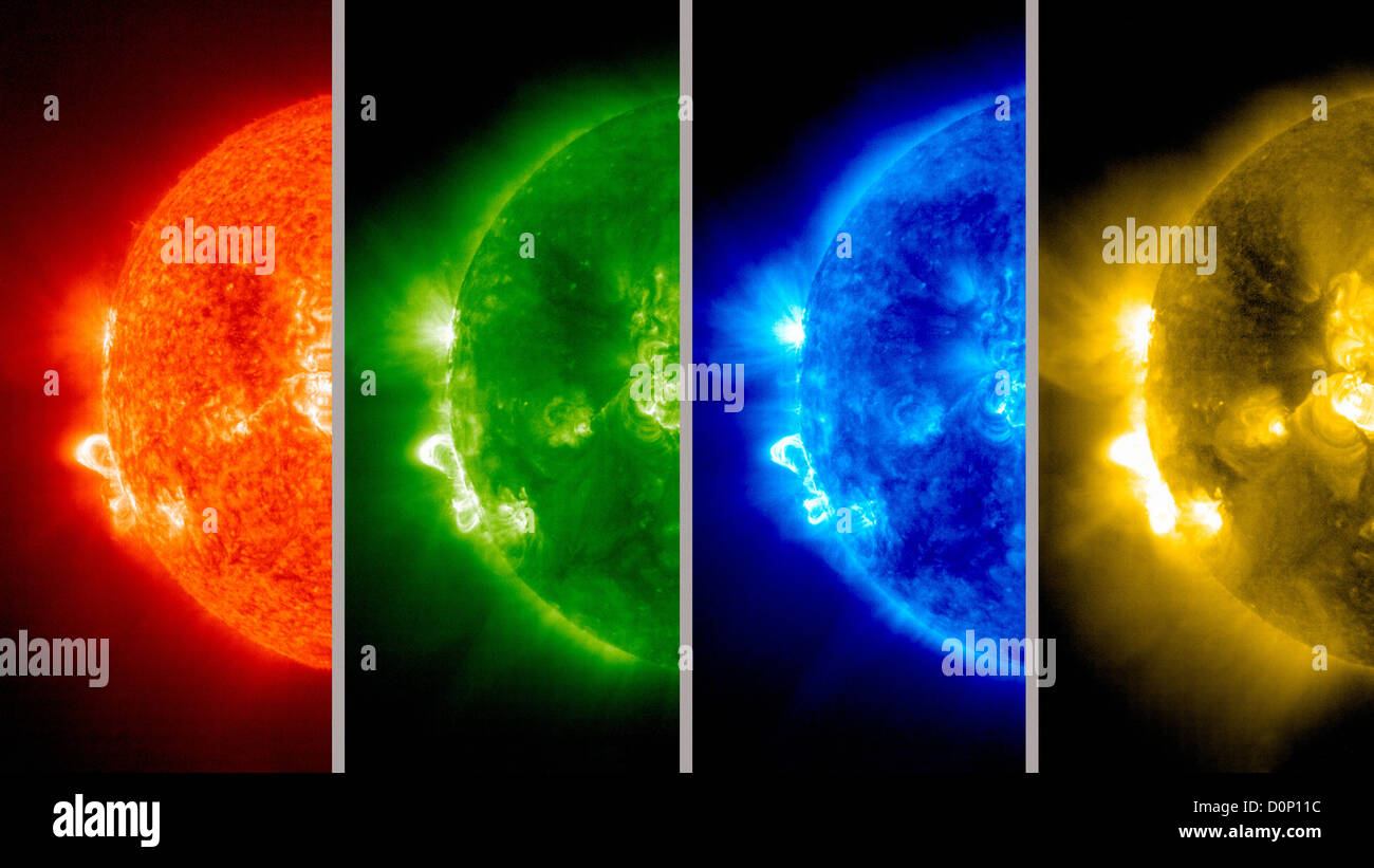Vier verschiedene Ansichten aktive Region auf AST Sonne kommt nur in der Ansicht alle in extremen ultravioletten Wellenlängen 304 Angström (rot Stockfoto