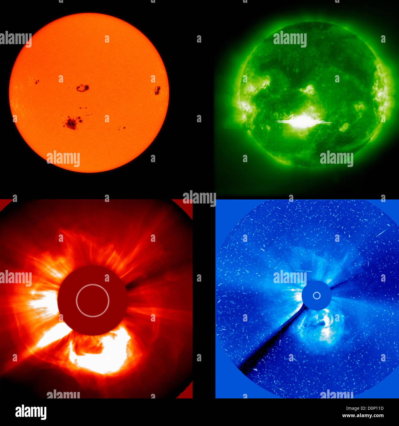 Eine aktive Region in Sonne (untere linke Bereich in diesen Bildern) entfesselt zweitgrößte Sonneneruption beobachtet Solar Heliospheric Stockfoto