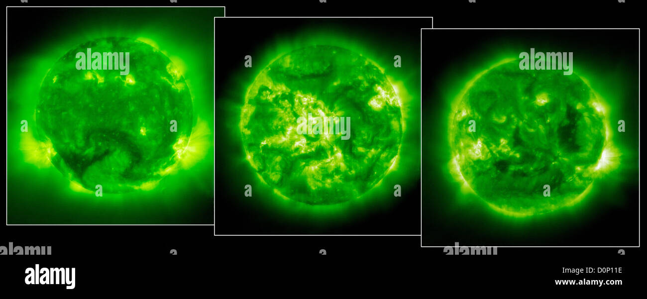 Die drei Bilder, die über fünf Jahre etwa darstellen oben halbe durchschnittliche 11 Jahre lang Sonnenzyklus. erste 1. April 1998 Fänge Stockfoto