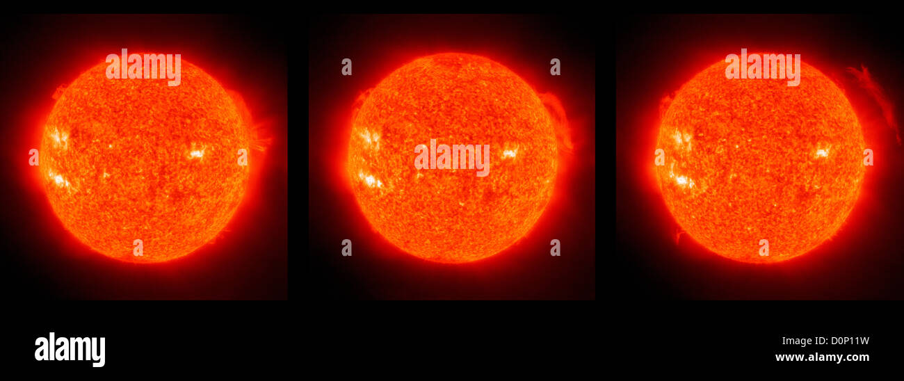 30 Stunden lang beobachtet Solar Heliospheric Observatory (SOHO) riesige Filament (eine Prominenz gegen Oberfläche Sonne gesehen), Stockfoto