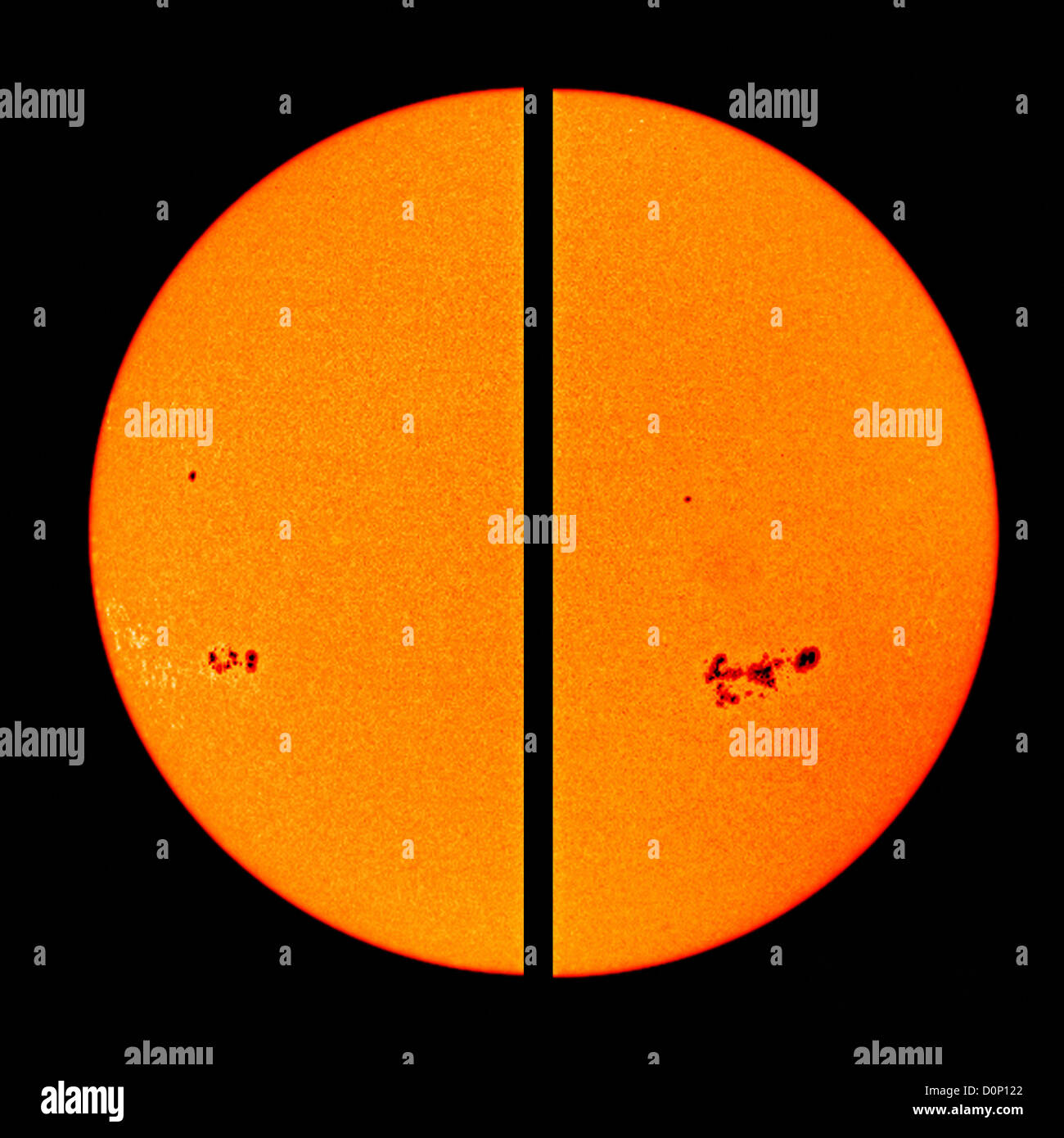 Zwei Bilder über Zeitraum von 5 Tagen zeigt Wachstum Sonnenfleck 656 welche (rechts) schließlich wuchs Bereich 20mal Gruppengröße Erde. Stockfoto