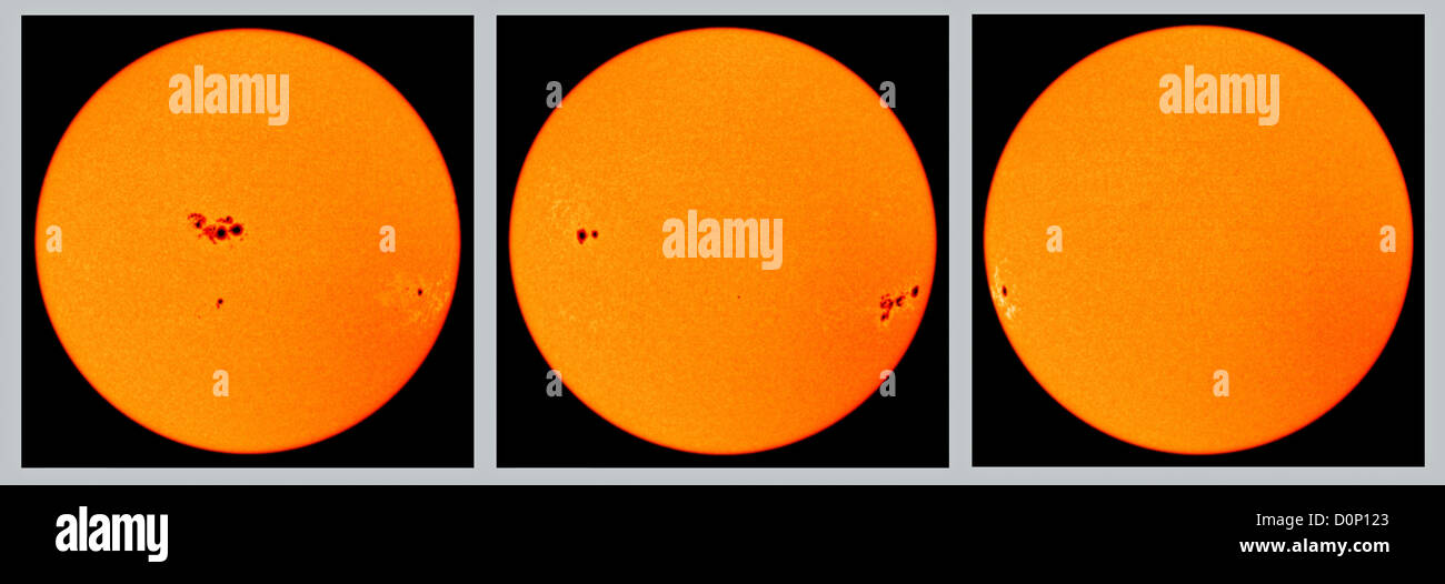 Eine Reihe Fotos Sonnenflecken waren die Wissenschaftler verwendeten Mission Solar Heliospheric Observatory (SOHO) versuchen Sonnenflecken auf der anderen Seite beobachten Stockfoto