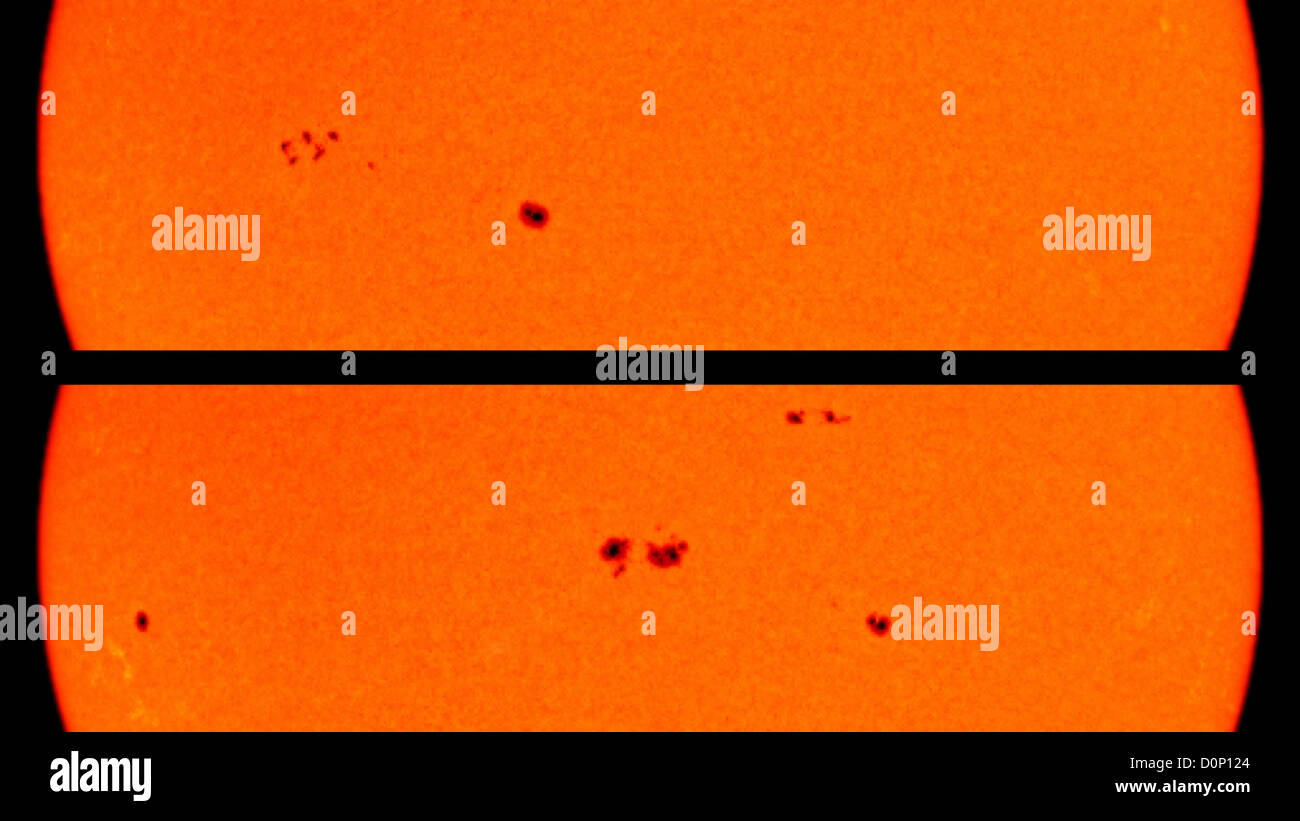 Eine Gruppe Sonnenflecken aus linken oberen Bild hat acht Tage später in zwei große Gruppen im Zentrum untere Bild zusammengeführt. Stockfoto