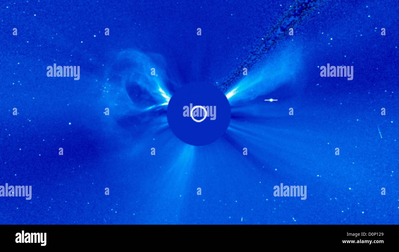 Diese C3 Koronograph Solar Heliospheric Observatory (SOHO) zeigt Jet Teilchen etwa 10 koronale Massenauswürfe stattfand Stockfoto