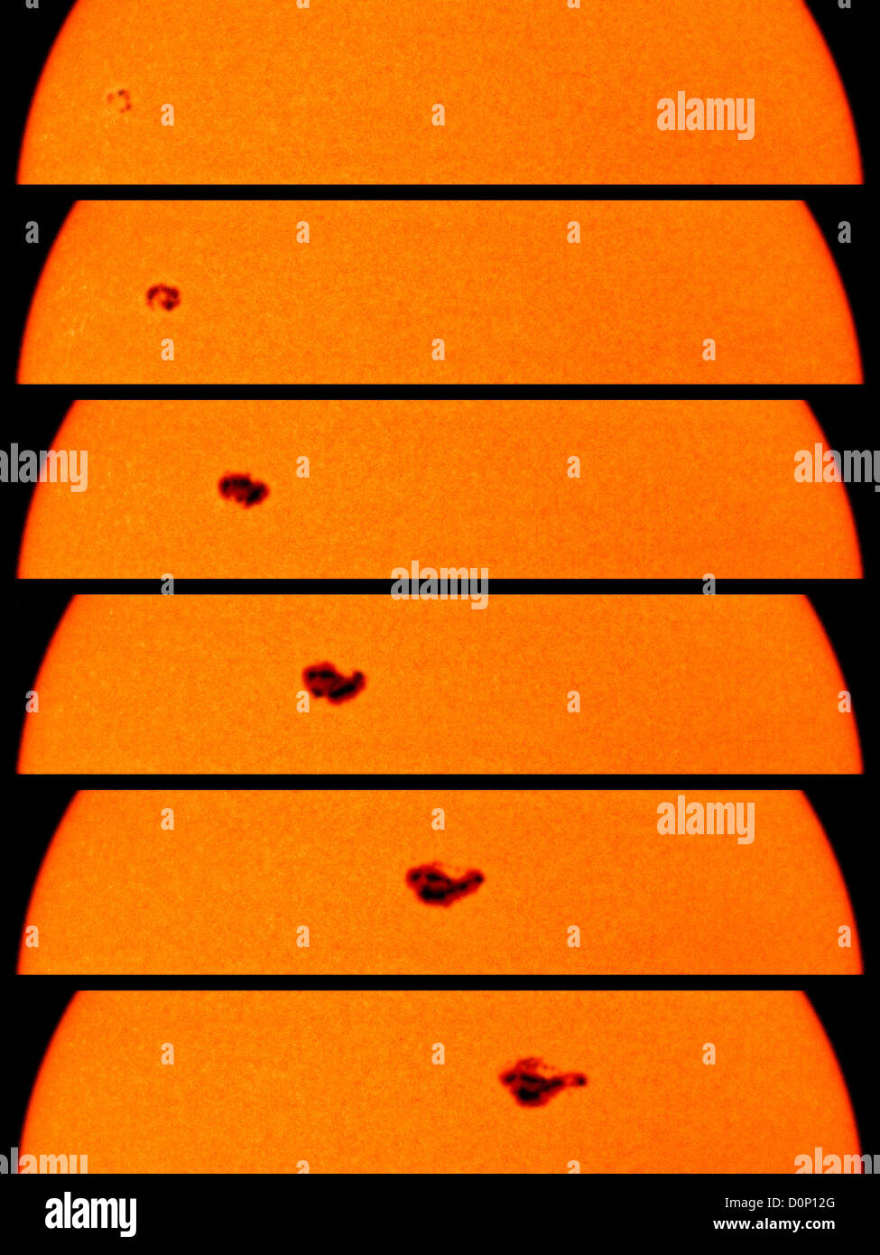 Ein Sonnensturm generieren Sonnenfleck wächst, größer als die Größe des Jupiters in fünf Tagen. Stockfoto