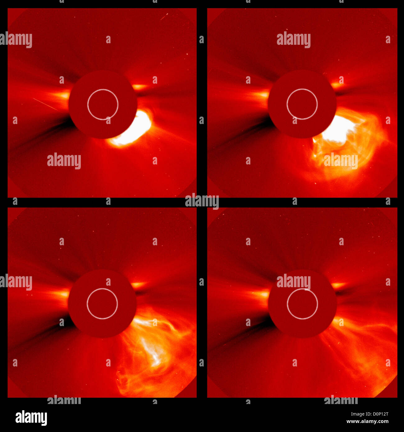 Eine große Fackel koronalen Massenauswurf Stream Sonne wie diese Koronograph genommen Solar Heliospheric Observatory (SOHO) zu sehen. weiß Stockfoto